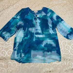 Avenue 14/16 Vibrant Blue Abstract print Blouse Top Women's Lace Accent EUC